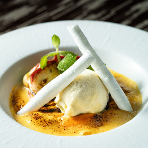 島アスパラのグラス 雪塩のメレンゲ 南国フルーツのグラタン