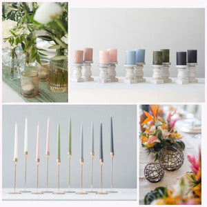 キャンドル(左上:キャンドルグラス、右上:ラウンドキャンドル、左下:テーパーキャンドル、右下:ジオメトリック)