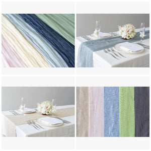 テーブルランナー(左上:チーズクロス、右上:チーズクロス(ダスティ―ブルー)、右下:リネンタイプ、左下:リネンタイプ(シャンパンベージュ)