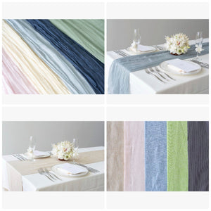 テーブルランナー(左上:チーズクロス、右上:チーズクロス(ダスティ―ブルー)、右下:リネンタイプ、左下:リネンタイプ(シャンパンベージュ))