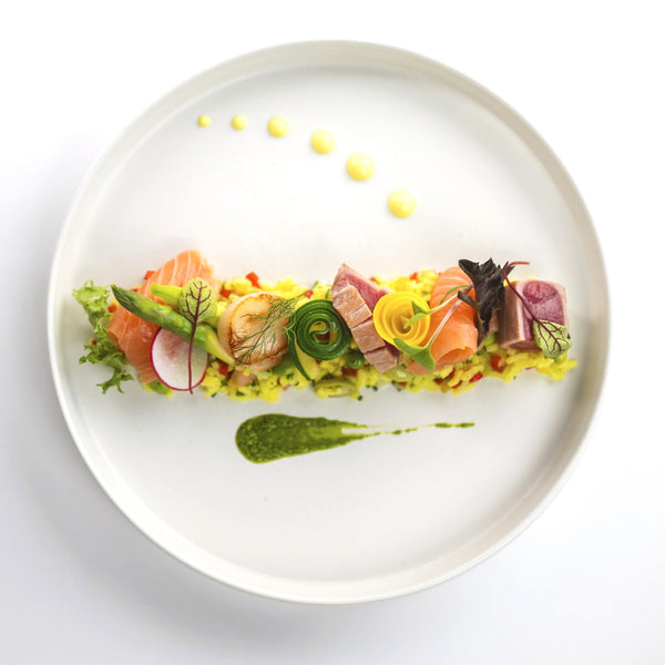 　オーガニックアルボリオライスと野菜のサラダ&シーフードを飾ってジャルダン風　
